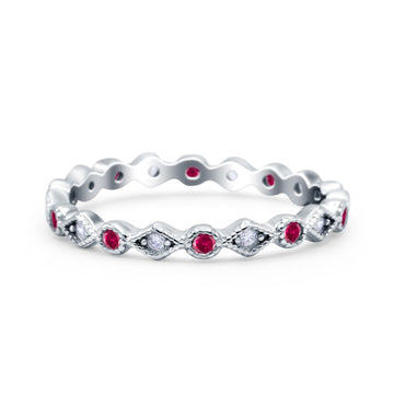 Full Eternity Stackable Ring Wedding Band Round Simulated Ruby CZ 925 Sterling Silver (3mm)